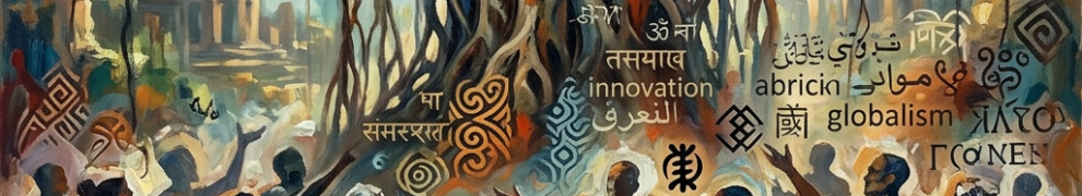 Group of people in colorful robes under large tree with symbols and multilingual words