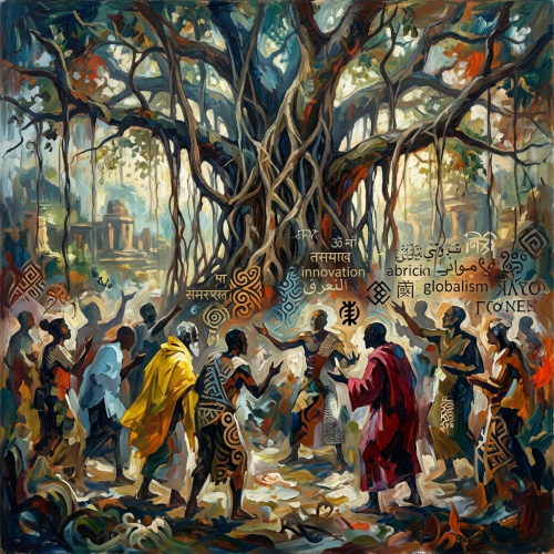 Group of people in colorful robes under large tree with symbols and multilingual words